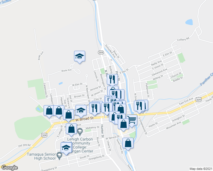 map of restaurants, bars, coffee shops, grocery stores, and more near 312 North Railroad Street in Tamaqua