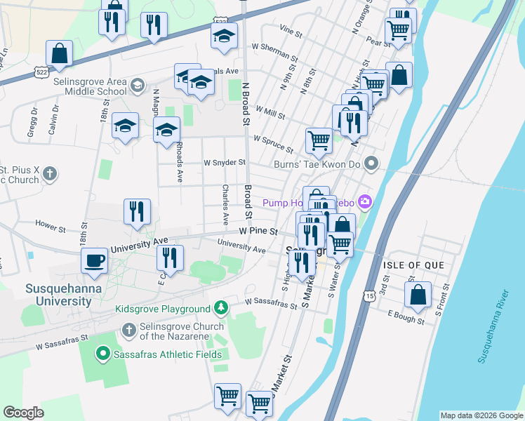 map of restaurants, bars, coffee shops, grocery stores, and more near 121 Independence Street in Selinsgrove