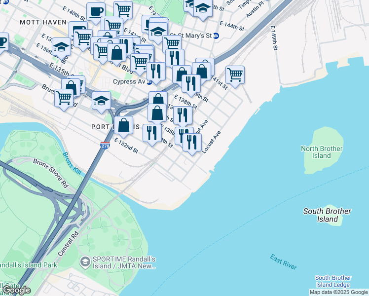 map of restaurants, bars, coffee shops, grocery stores, and more near 839 East 135th Street in Bronx