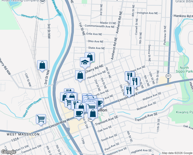 map of restaurants, bars, coffee shops, grocery stores, and more near 516 2nd Street Northeast in Massillon