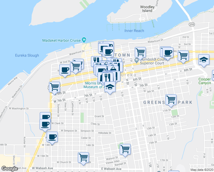 map of restaurants, bars, coffee shops, grocery stores, and more near 603 E Street in Eureka