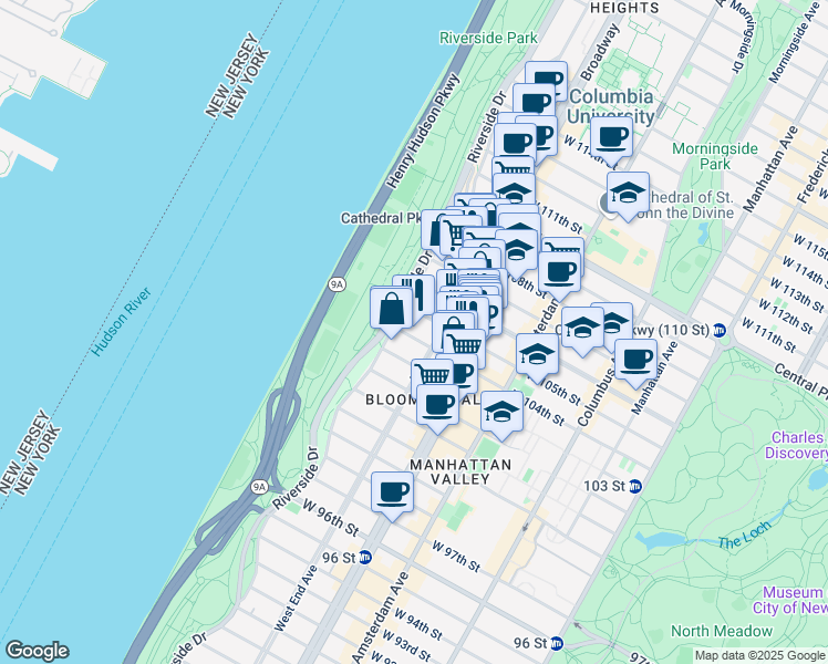 map of restaurants, bars, coffee shops, grocery stores, and more near 315 West 104th Street in New York