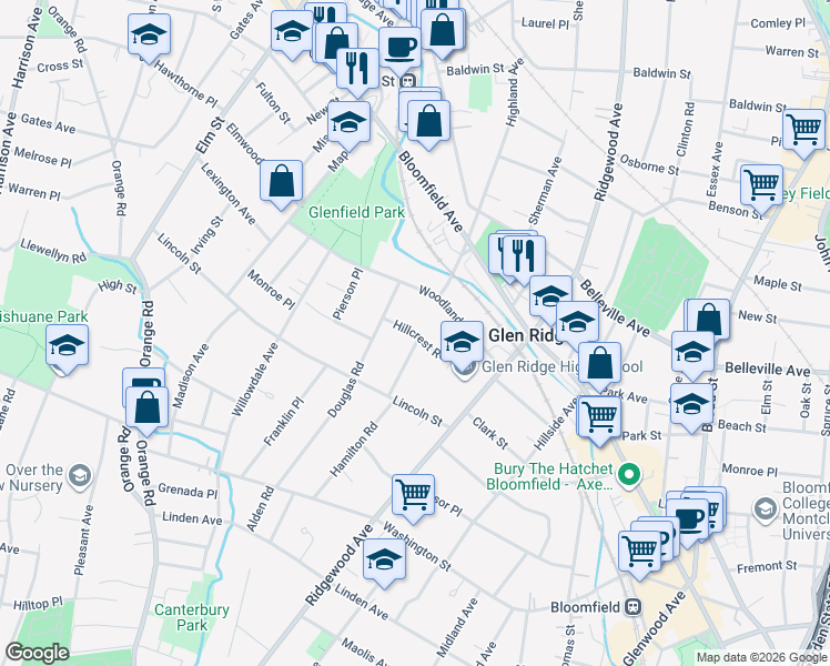 map of restaurants, bars, coffee shops, grocery stores, and more near 42 Woodland Avenue in Glen Ridge