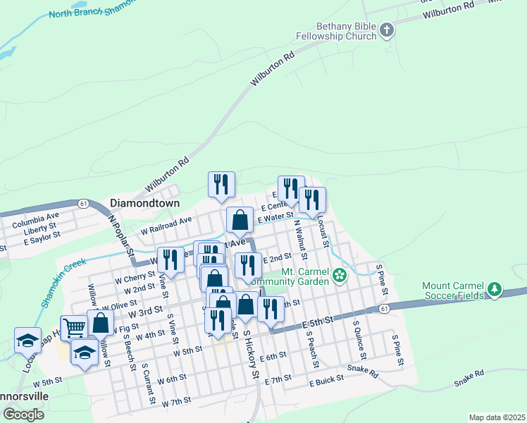 map of restaurants, bars, coffee shops, grocery stores, and more near 240 East Center Street in Mount Carmel