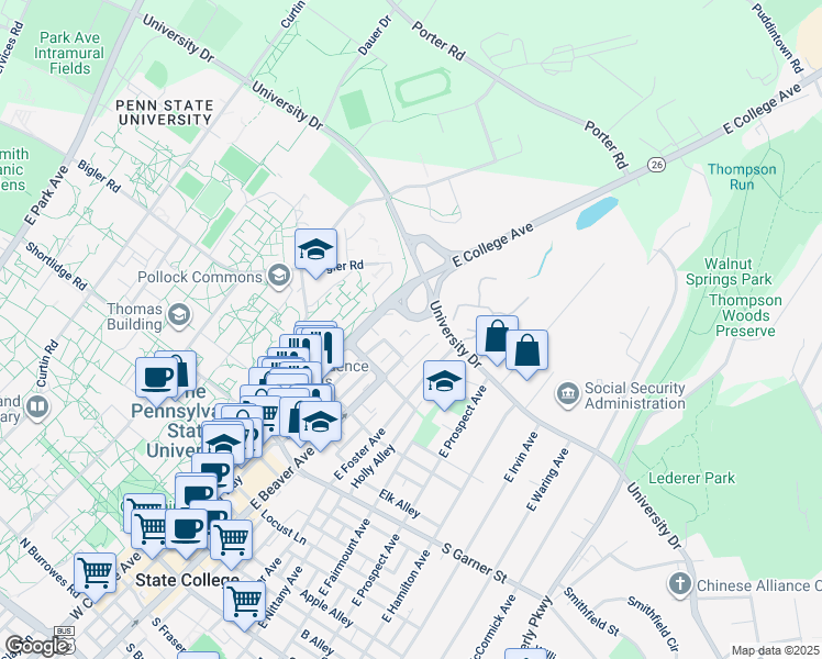 map of restaurants, bars, coffee shops, grocery stores, and more near 747 East Beaver Avenue in State College