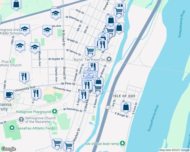 map of restaurants, bars, coffee shops, grocery stores, and more near 119 North Market Street in Selinsgrove