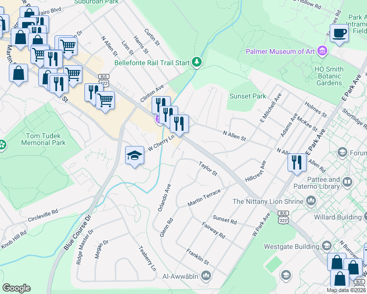 map of restaurants, bars, coffee shops, grocery stores, and more near 1101 N Atherton St in State College