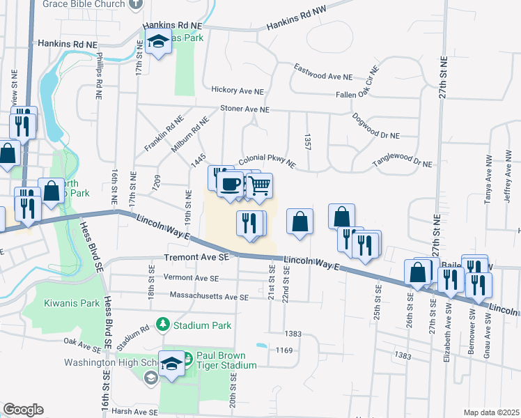 map of restaurants, bars, coffee shops, grocery stores, and more near 2032 Lincoln Way East in Massillon