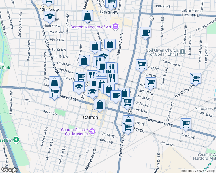 map of restaurants, bars, coffee shops, grocery stores, and more near 223 5th Street Northwest in Canton