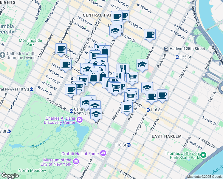 map of restaurants, bars, coffee shops, grocery stores, and more near 22 West 117th Street in New York