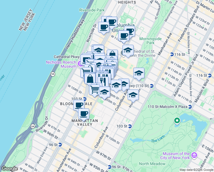 map of restaurants, bars, coffee shops, grocery stores, and more near 953 Amsterdam Avenue in New York