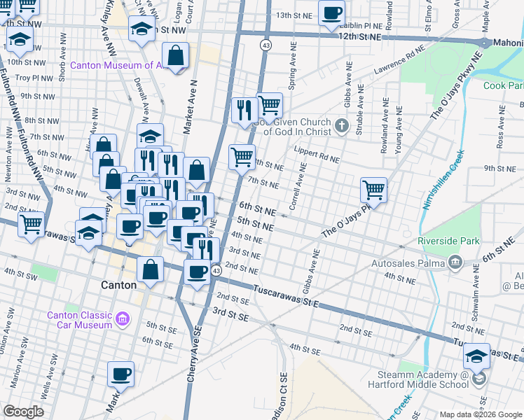 map of restaurants, bars, coffee shops, grocery stores, and more near 903 Orchard Avenue Northeast in Canton