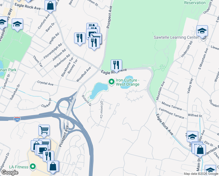 map of restaurants, bars, coffee shops, grocery stores, and more near 414 Eagle Rock Avenue in West Orange