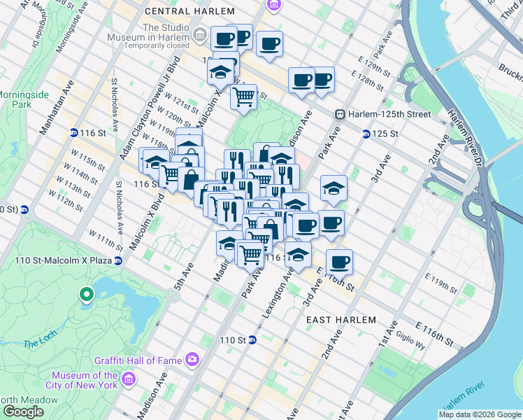 map of restaurants, bars, coffee shops, grocery stores, and more near 1787 Madison Avenue in New York
