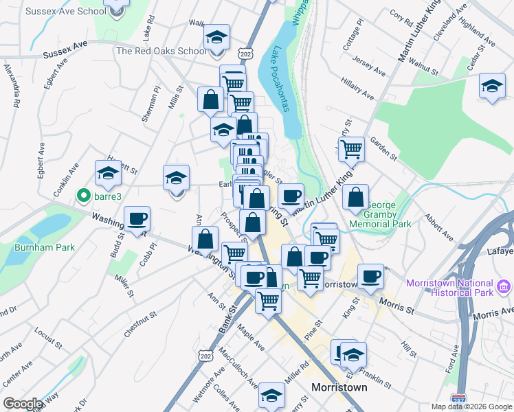 map of restaurants, bars, coffee shops, grocery stores, and more near 115 Spring Street in Morristown
