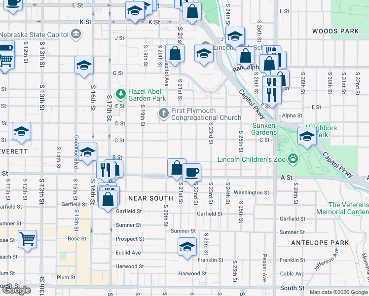 map of restaurants, bars, coffee shops, grocery stores, and more near 1224 South 21st Street in Lincoln