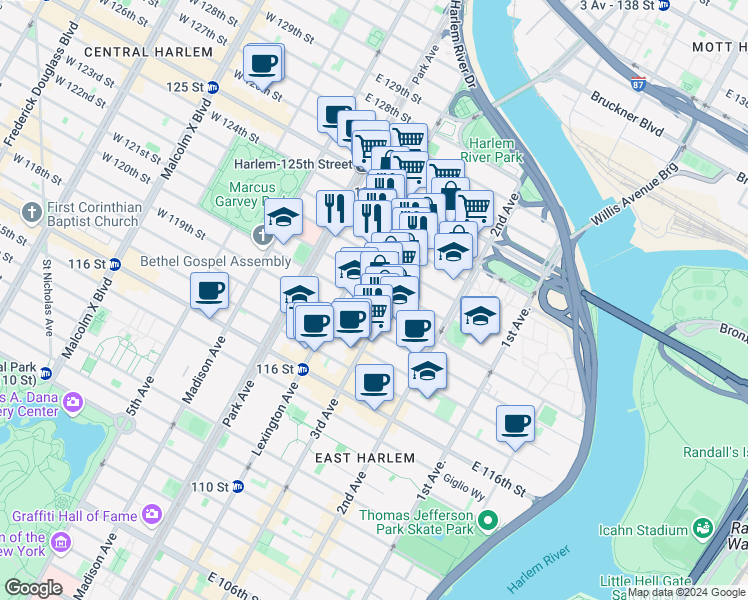 map of restaurants, bars, coffee shops, grocery stores, and more near 2230 3rd Avenue in New York