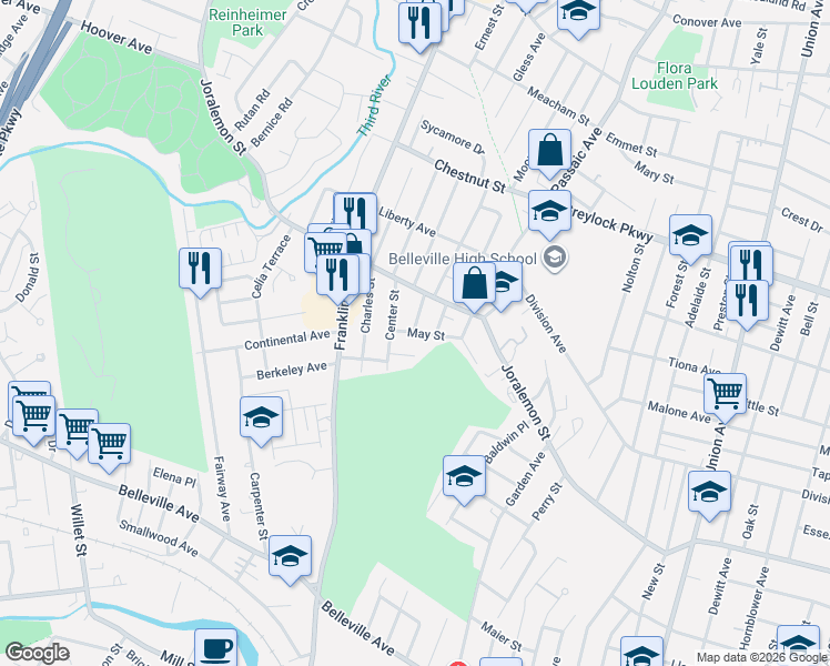 map of restaurants, bars, coffee shops, grocery stores, and more near 52 Center Street in Belleville
