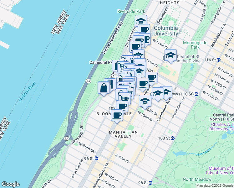 map of restaurants, bars, coffee shops, grocery stores, and more near 915 West End Avenue in New York