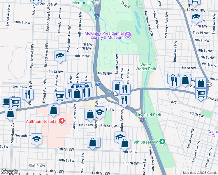 map of restaurants, bars, coffee shops, grocery stores, and more near 201 Park Avenue Northwest in Canton