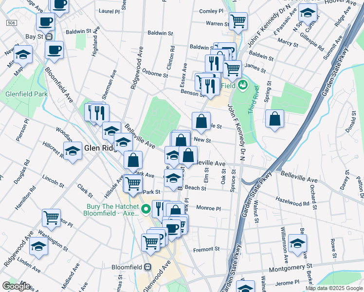 map of restaurants, bars, coffee shops, grocery stores, and more near 169 State Street in Bloomfield