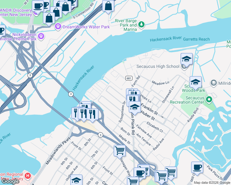map of restaurants, bars, coffee shops, grocery stores, and more near 200 Blue Heron Drive in Secaucus