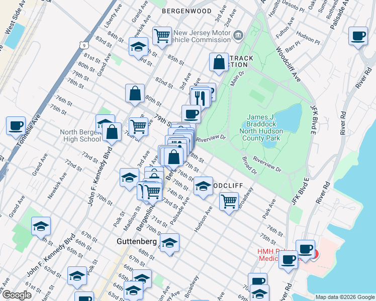 map of restaurants, bars, coffee shops, grocery stores, and more near in North Bergen