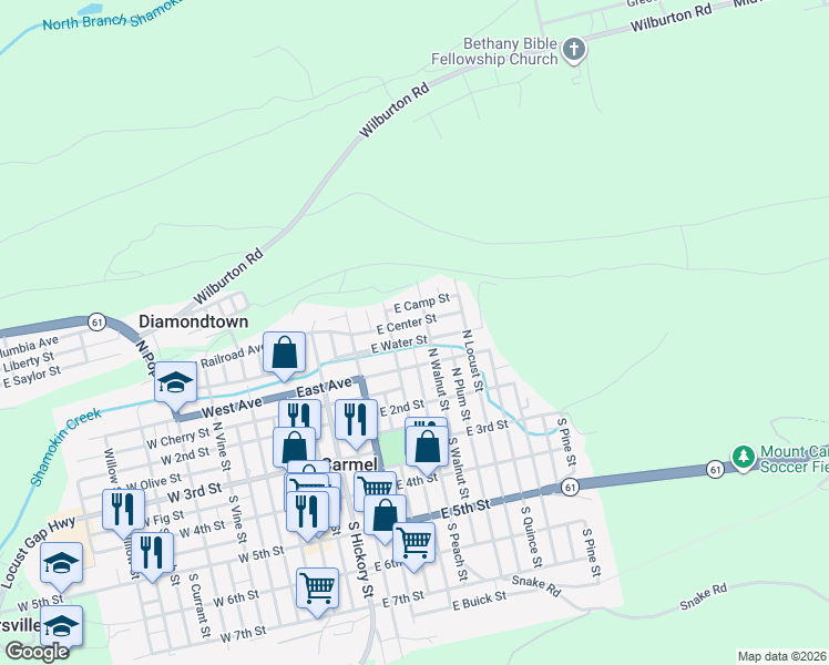 map of restaurants, bars, coffee shops, grocery stores, and more near 353-399 North Walnut Street in Mount Carmel