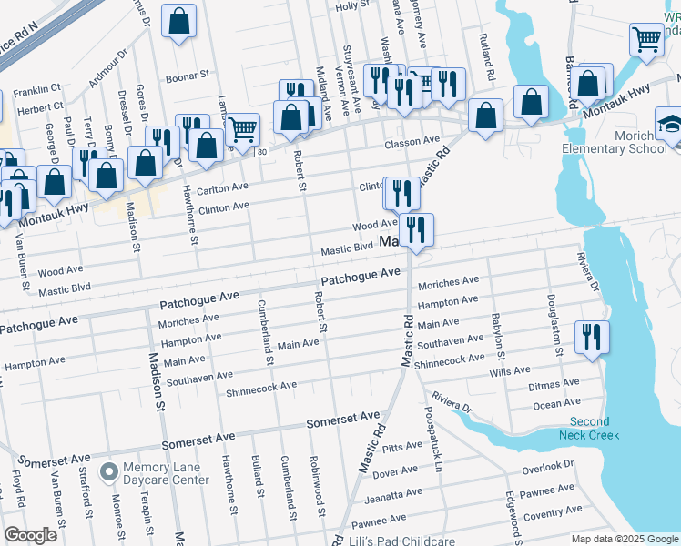 map of restaurants, bars, coffee shops, grocery stores, and more near 139 Patchogue Avenue in Mastic