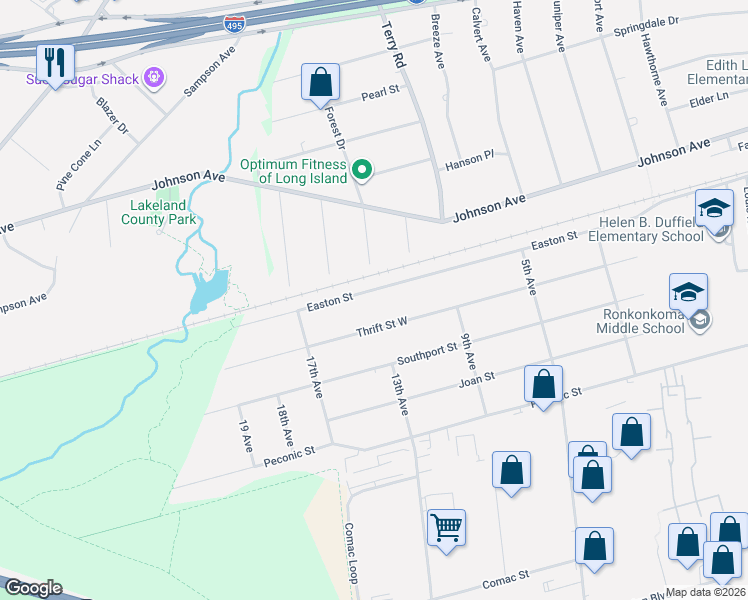 map of restaurants, bars, coffee shops, grocery stores, and more near 357 Easton Street in Ronkonkoma