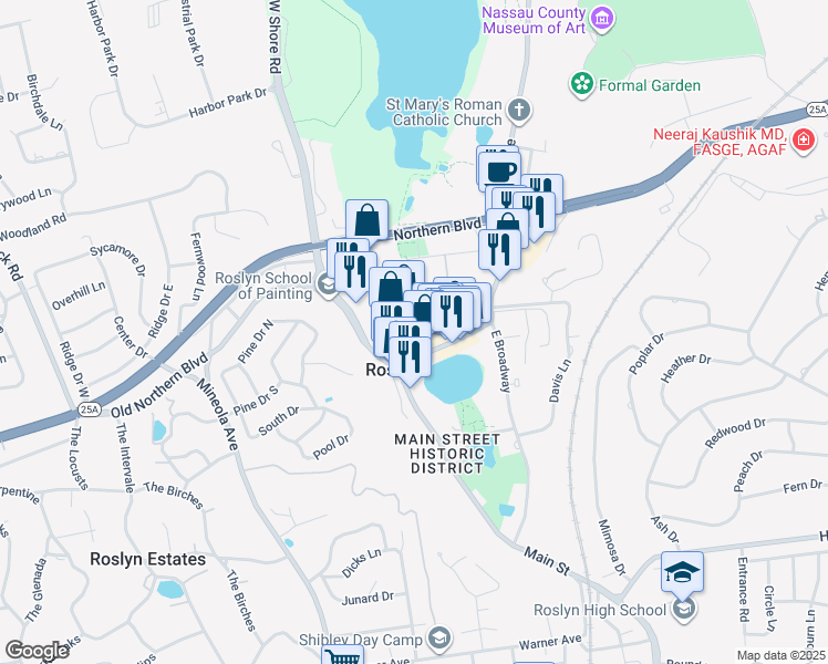 map of restaurants, bars, coffee shops, grocery stores, and more near 17 Lumber Road in Roslyn