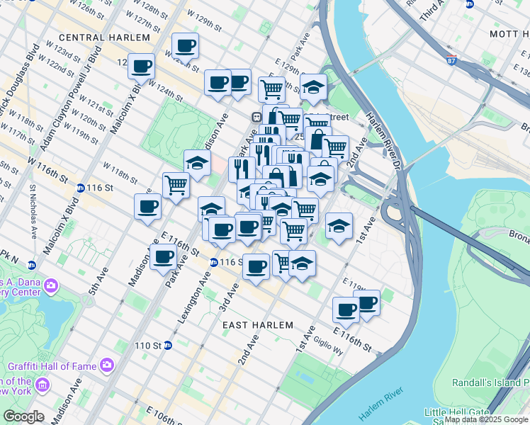 map of restaurants, bars, coffee shops, grocery stores, and more near 2230 3rd Avenue in New York
