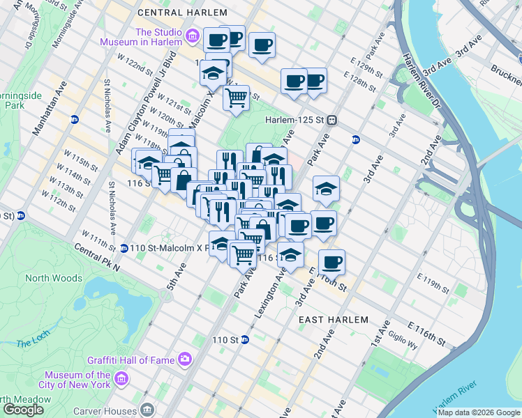 map of restaurants, bars, coffee shops, grocery stores, and more near 1814 Madison Avenue in New York