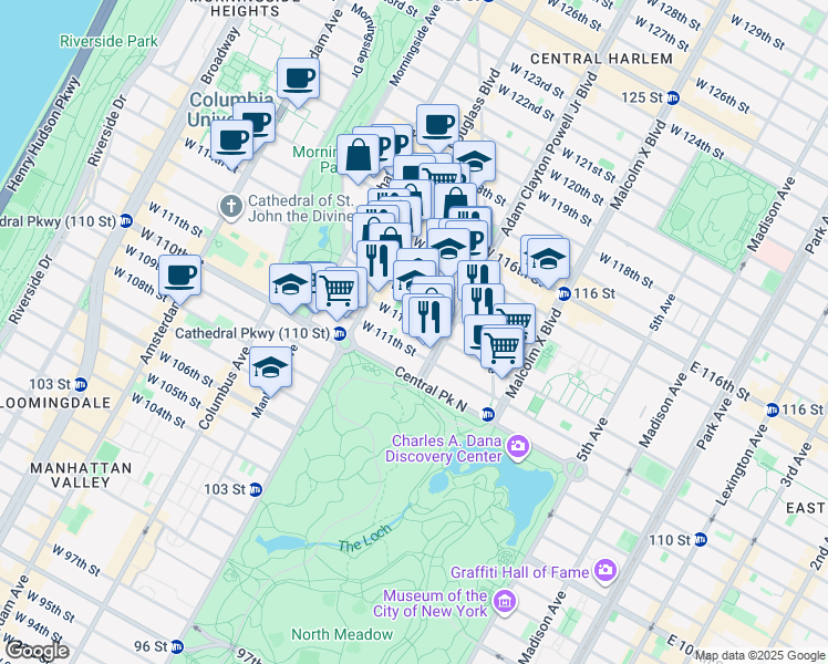 map of restaurants, bars, coffee shops, grocery stores, and more near 249 West 112th Street in New York