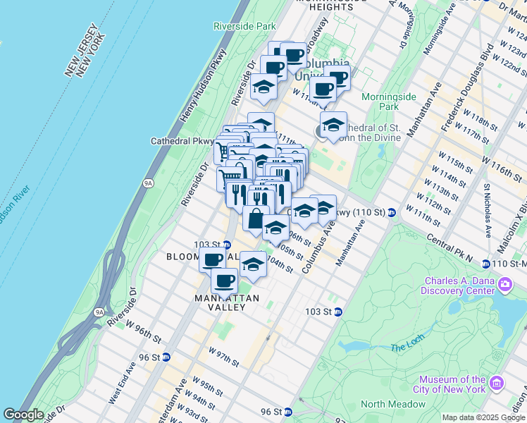 map of restaurants, bars, coffee shops, grocery stores, and more near 220 West 107th Street in New York