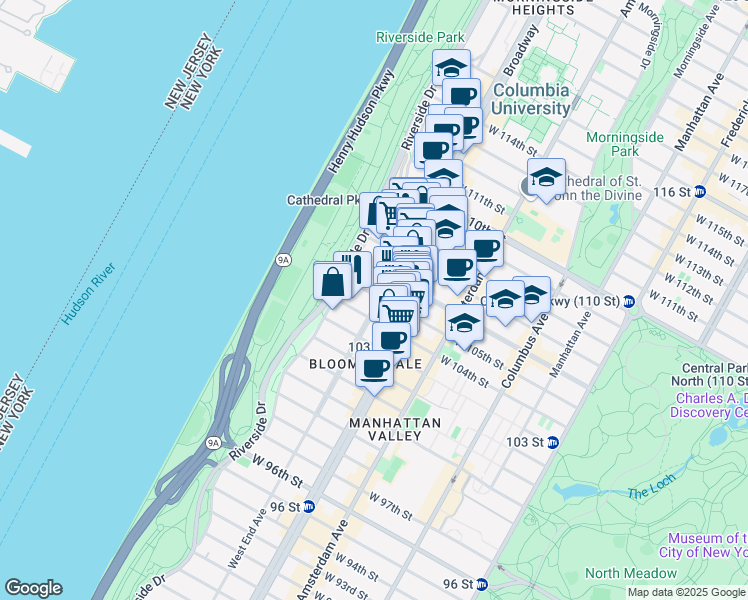 map of restaurants, bars, coffee shops, grocery stores, and more near 307 West 105th Street in New York