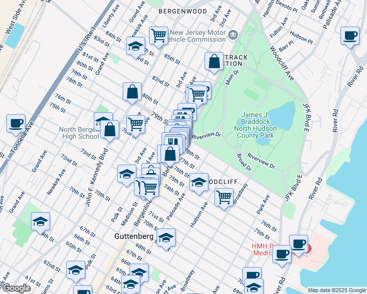 map of restaurants, bars, coffee shops, grocery stores, and more near in North Bergen