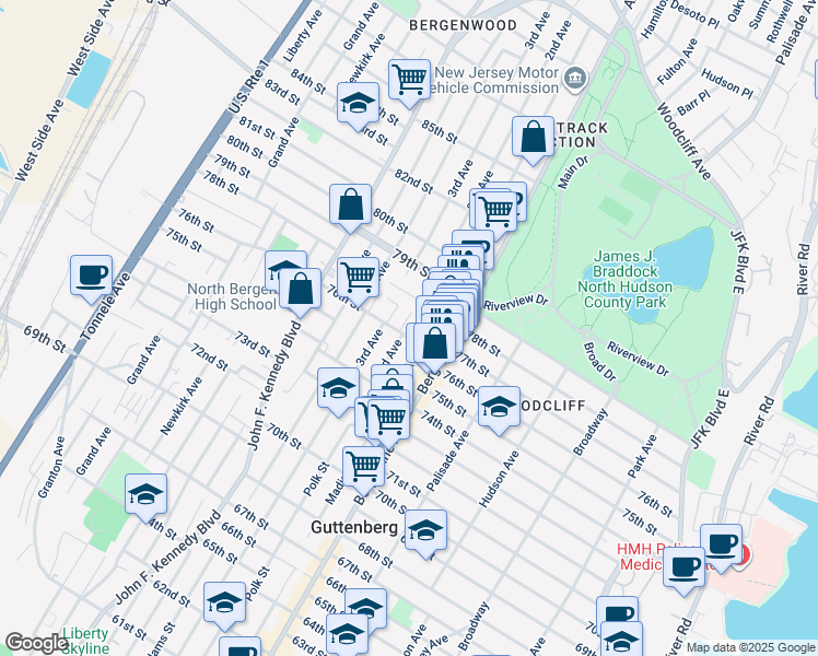 map of restaurants, bars, coffee shops, grocery stores, and more near 523 78th Street in North Bergen