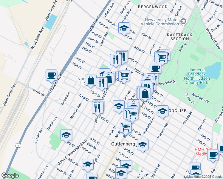 map of restaurants, bars, coffee shops, grocery stores, and more near 30 75th Street in North Bergen