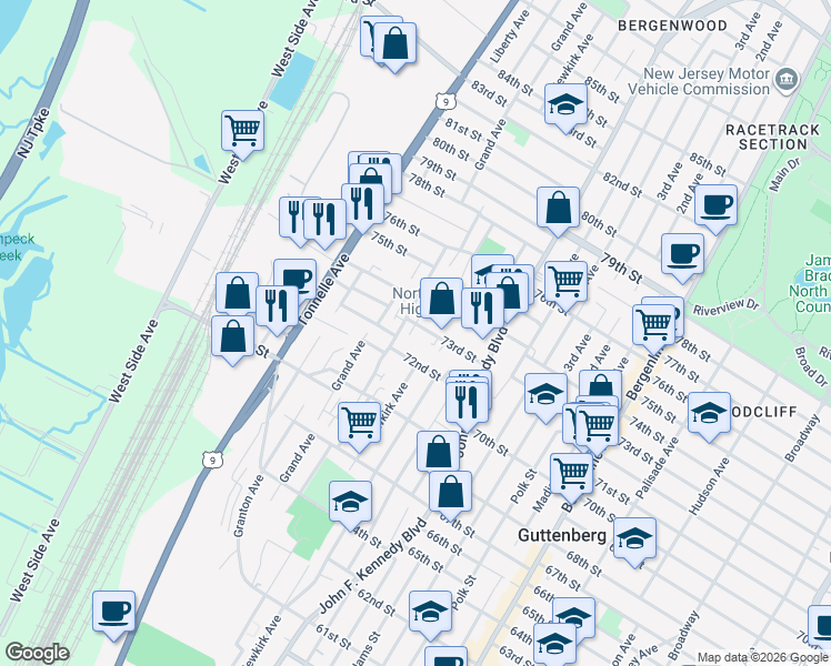 map of restaurants, bars, coffee shops, grocery stores, and more near 7308 Dane Court in North Bergen