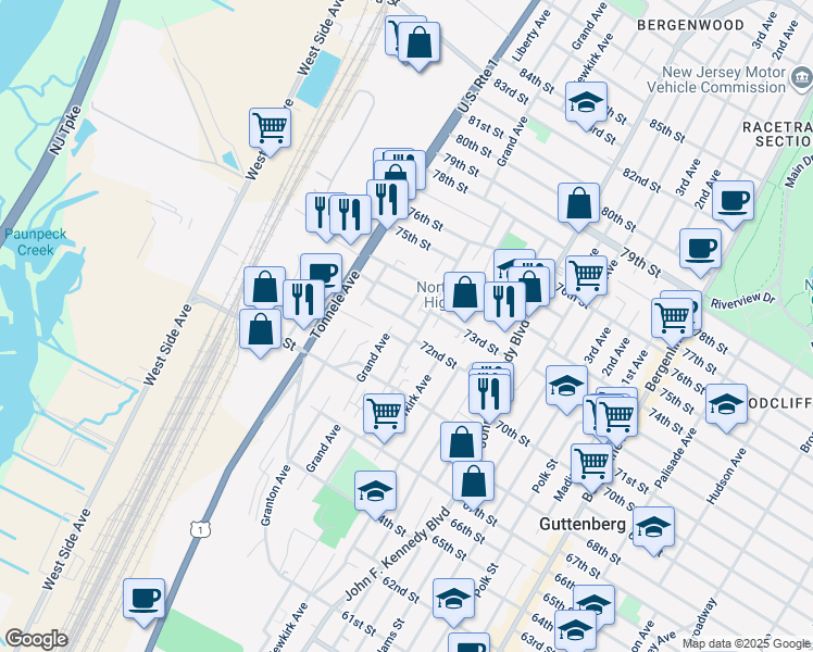 map of restaurants, bars, coffee shops, grocery stores, and more near 1518 72nd Street in North Bergen