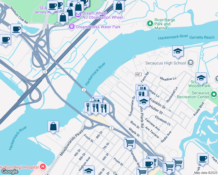 map of restaurants, bars, coffee shops, grocery stores, and more near 67 Mallard Place in Secaucus