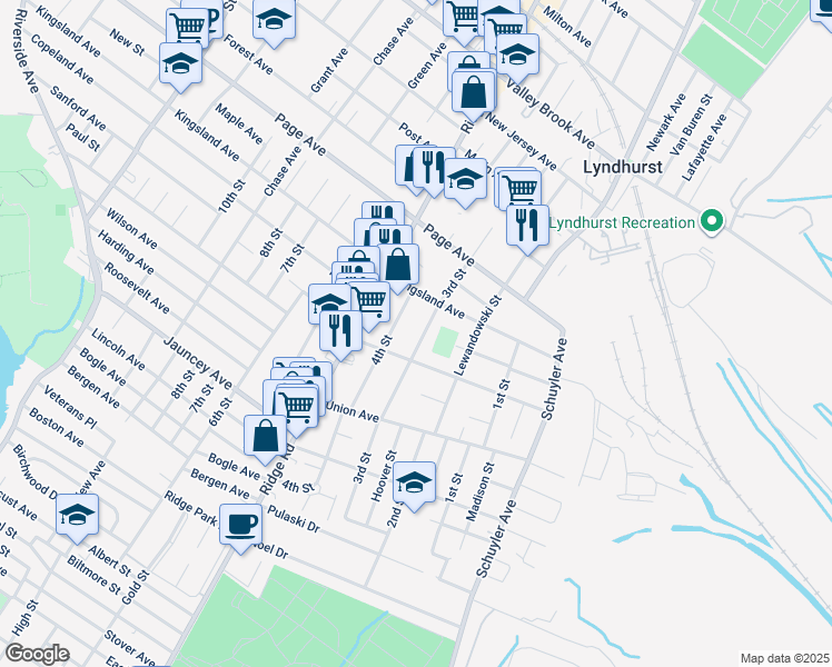 map of restaurants, bars, coffee shops, grocery stores, and more near 621 4th Street in Lyndhurst