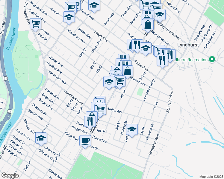 map of restaurants, bars, coffee shops, grocery stores, and more near 643 Ridge Road in Lyndhurst