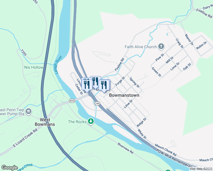 map of restaurants, bars, coffee shops, grocery stores, and more near 640 Ore Street in Palmerton