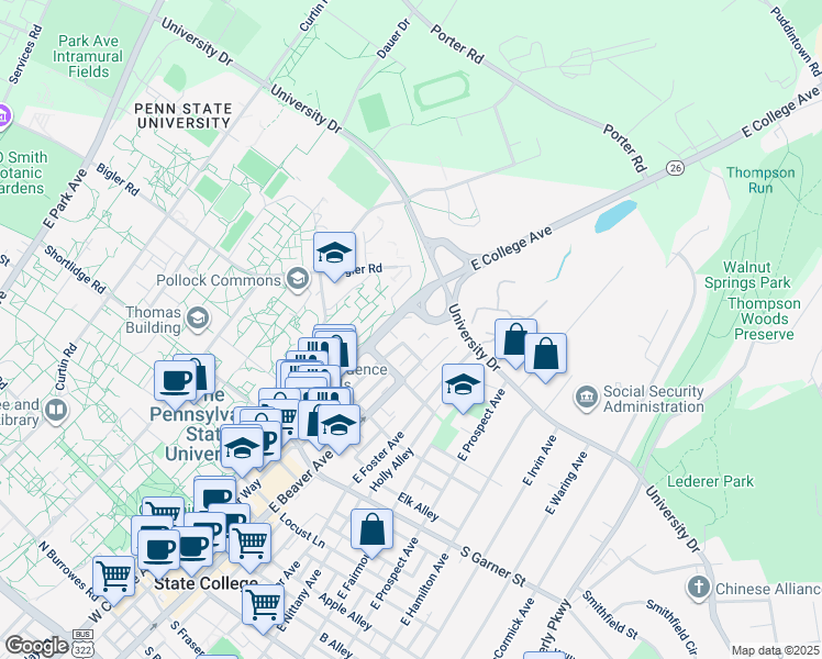 map of restaurants, bars, coffee shops, grocery stores, and more near 646 East College Avenue in State College