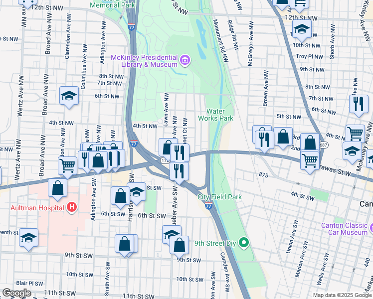 map of restaurants, bars, coffee shops, grocery stores, and more near 210 Kennet Court Northwest in Canton