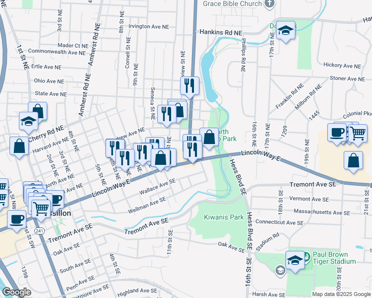 map of restaurants, bars, coffee shops, grocery stores, and more near 1136 North Avenue Northeast in Massillon