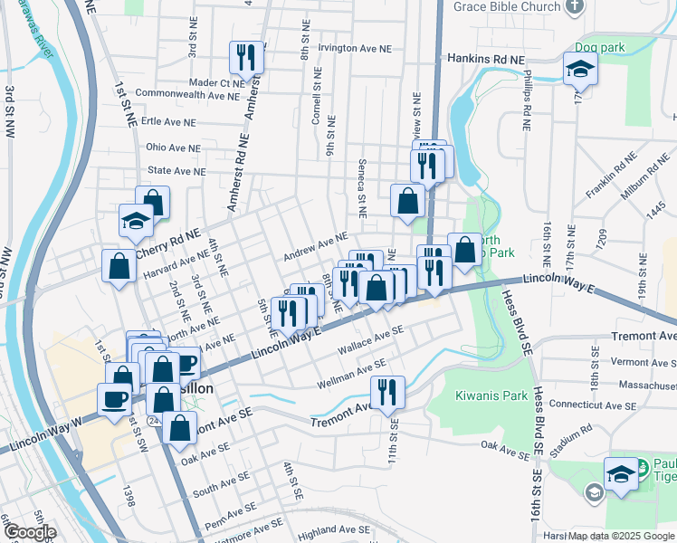 map of restaurants, bars, coffee shops, grocery stores, and more near 224 8th Street Northeast in Massillon