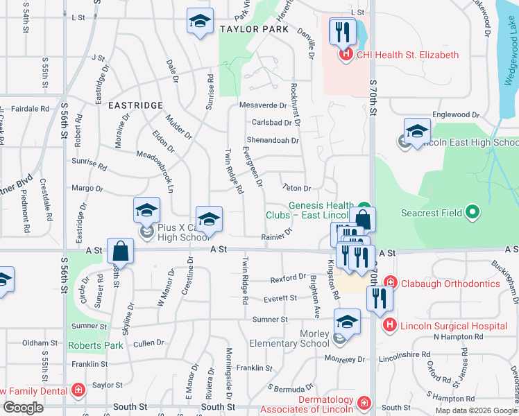 map of restaurants, bars, coffee shops, grocery stores, and more near 1240 Evergreen Drive in Lincoln